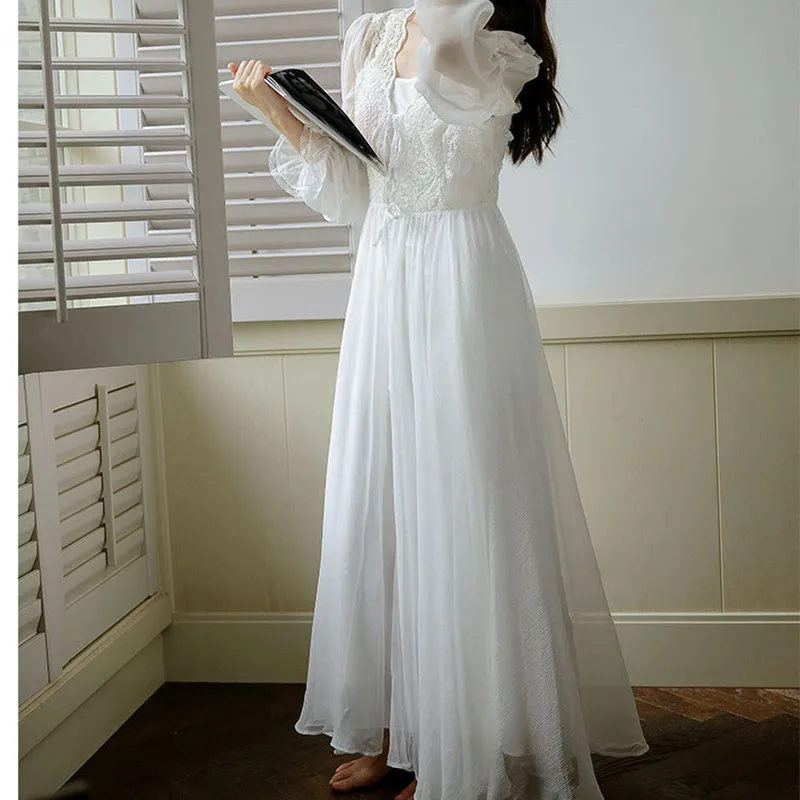 Women White Long Morning Robe Princess Two-Pieces Lace Nightgown Gauze Full Sleeve Nightdress Lining Spaghetti Strap Nightie New