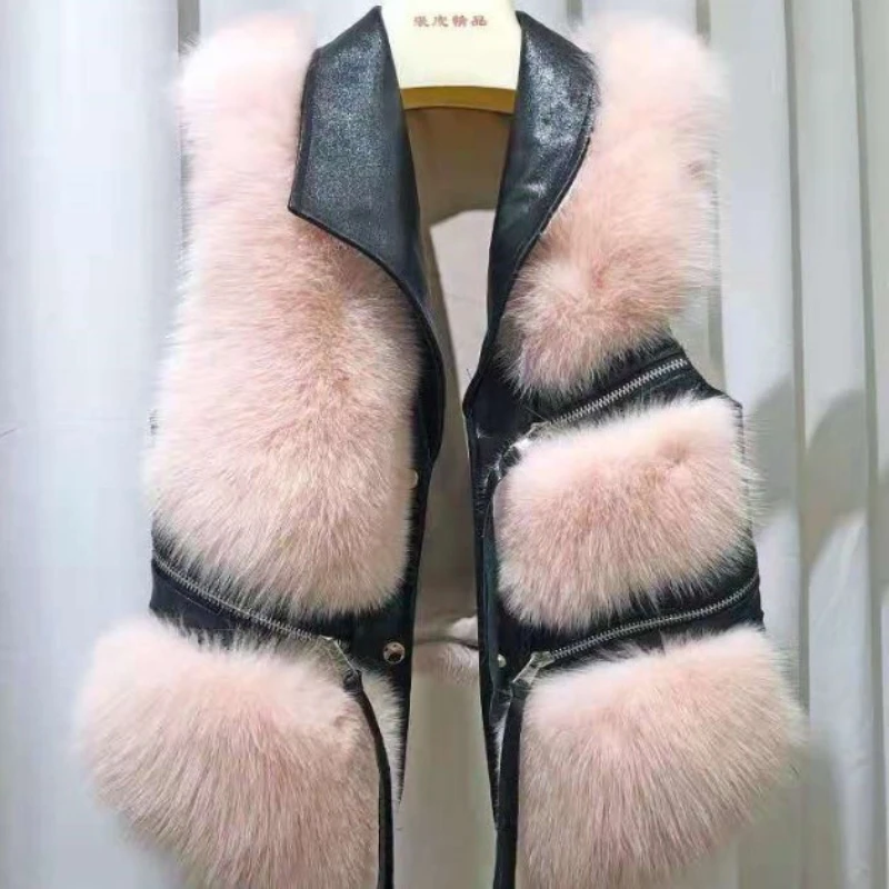 Leather vest Women's lapel no cufflinks Slim fit large imitation fur coat 2021 fur one-piece jacket