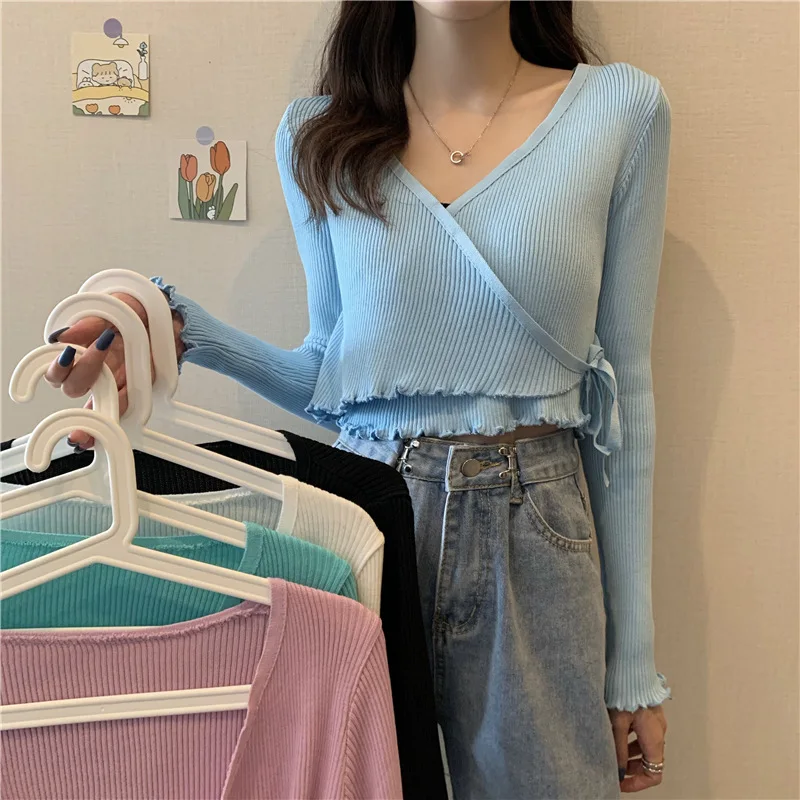 

Women Fall 2021 New Korean Style Slim Body Blue Short Tops Long Sleeve Knitwear Tshirts Woman Solid Color Sexy Short T-Shirts