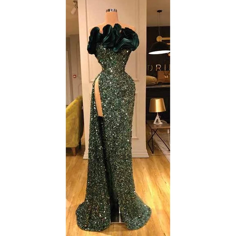 

Formal Emerald Green Prom Dresses Off-The-Shoulder With Ruffles Side Slit Sequined Evening Party Gown Custom Robes De Soirée