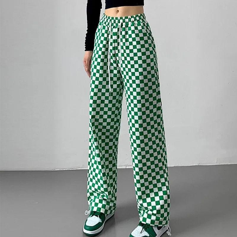 

Pants Women Checkerboard Plaid print Wide-Leg high waist Trousers Tether sweatpants Loose Drape straight mopping female clothing