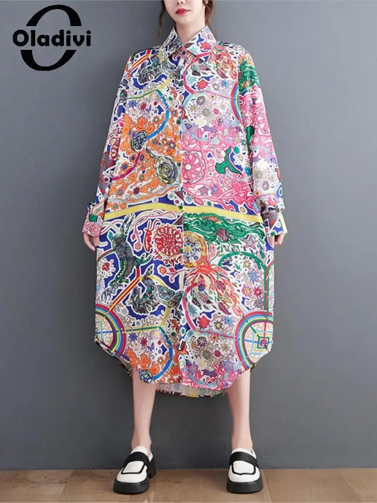 

Oladivi Large Size Women Fashion Floral Print Long Sleeve Casual Loose Dress 2022 Spring Autumn New Oversized Shirt Dresses 3568