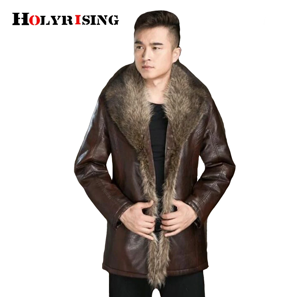 

Мужское меховое зимнее пальто, Мужское пальто из искусственной кожи, зимняя куртка, новая модная Толстая теплая меховая куртка с воротником из меха енота и длинным рукавом NZ417