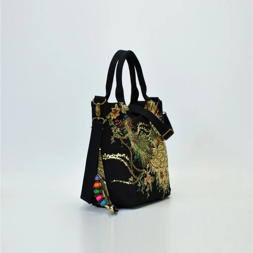 New Ladies Shoulder Bags Literary Ethnic Embroidered Canvas Bag Peacock Embroidery Ladies One Shoulder Hand-held Diagonal Bag