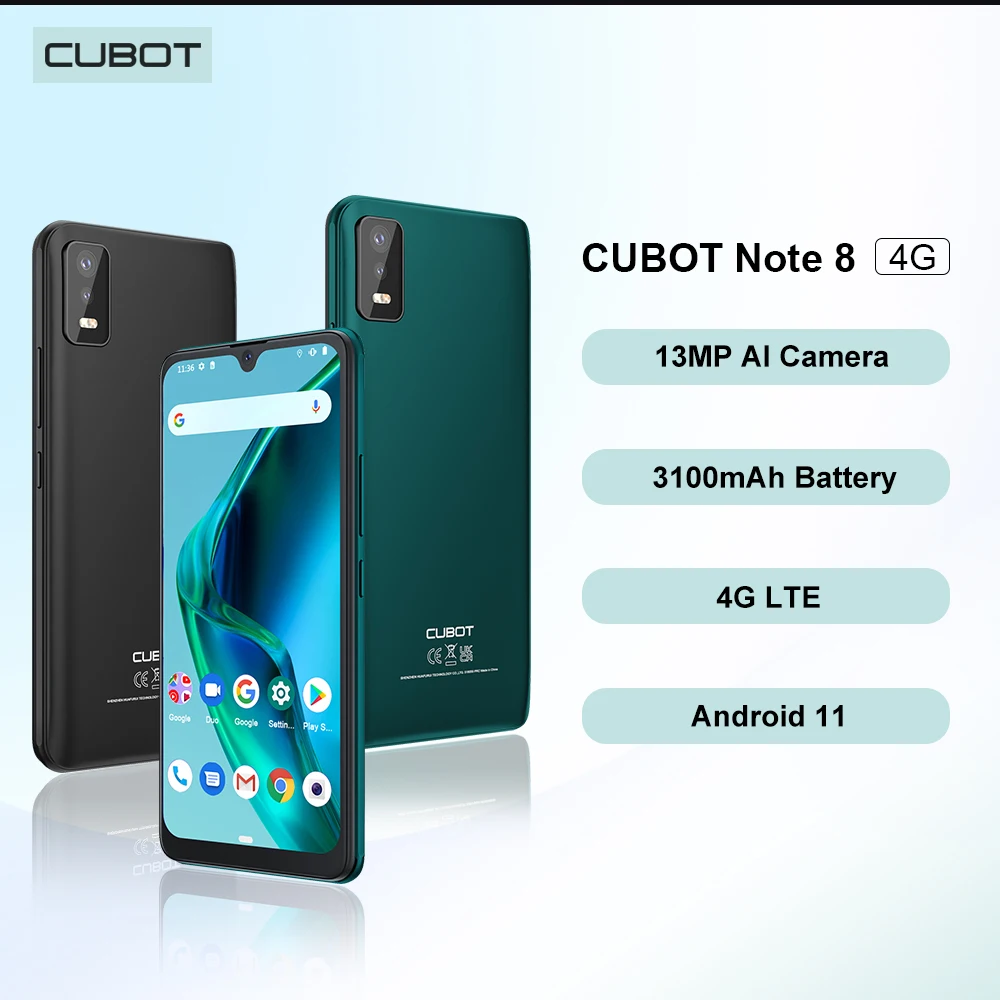 смартфоны 2022 года, Cubot Note 8, смартфон на андроид 11, 5.5-дюймовый экран, 16 Гб ПЗУ (128 Гб расширенный),телефоны две SIM-карты 4G, Face ID, батарея 3100мАч, кам...