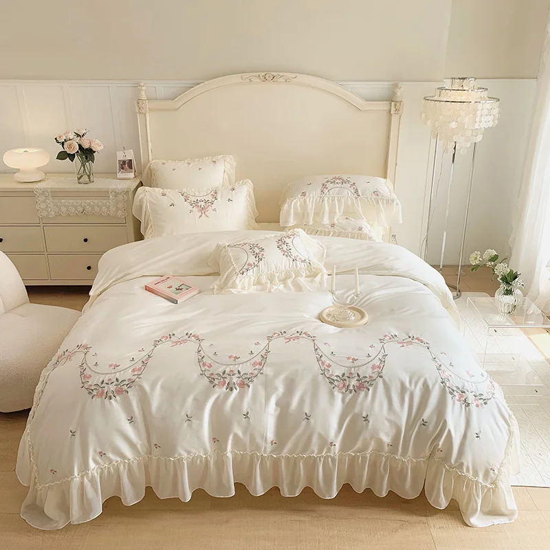 

1400TC Egyptian Cotton Rose Princess Bedding Soft Satin Silky Flower Embroidery Duvet Cover Bed Set Fitted Sheet