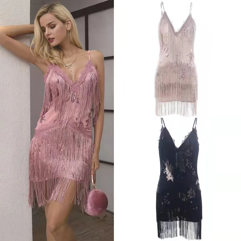 

Облегающее платье с открытой спиной, лето 2022, сексуальное мини-платье с V-образным вырезом, блестками и бахромой, Женская пляжная Клубная одежда