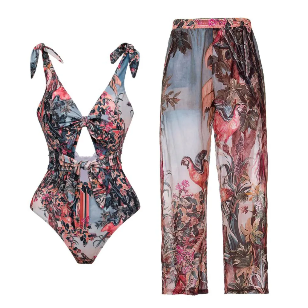

Printed Fashion Strap Bikini One Piece Sexy Hollow Backless Swimsuit Beachwear Women's Chic Elegant Beach Trousers 2022