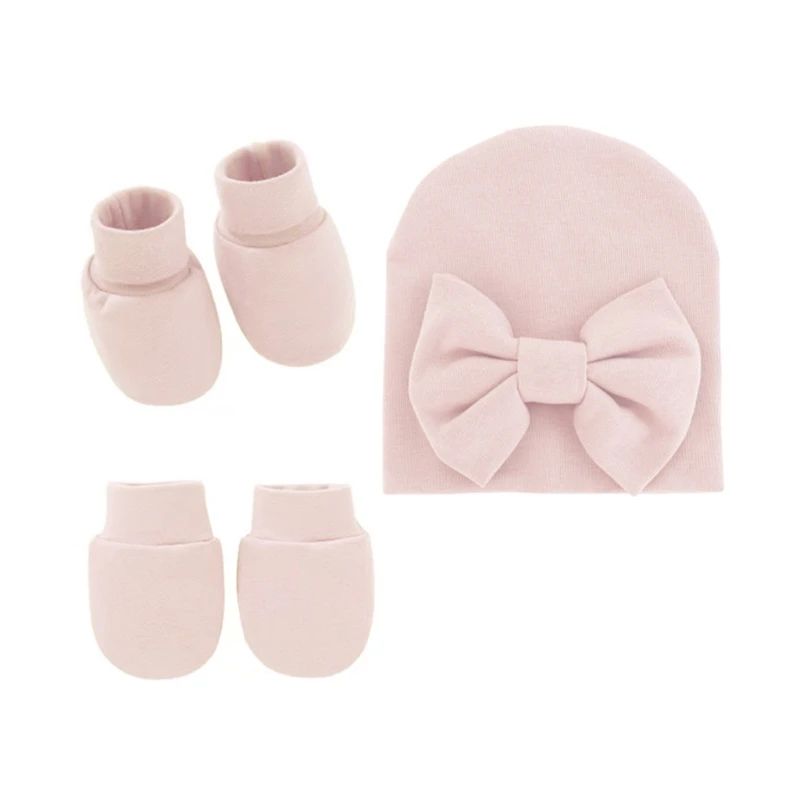 

Baby Bowknot Hat No Scratch Gloves Foot Cover Set Infants Soft Cotton Mittens Beanies Cap Socks Kit for Newborn 40JC