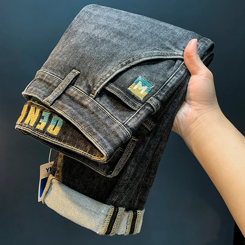 Высококачественные джинсы для мужчин весна-осень 2024 облегающие с вышивкой