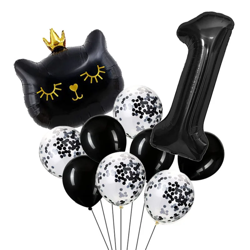 Фольгированные шары с черным номером и кошачьей короной, TingBabyer, для детского праздника