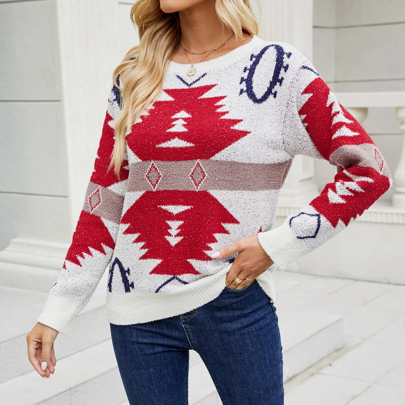 

Рождественский вязаный свитер в рубчик с принтом для женщин, цветной противоударный осенне-зимний теплый модный Удобный Стильный пуловер, уличная одежда