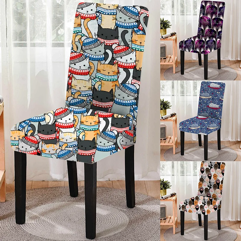 Cute Elastic Cat Print Dining Chair Cover Strech Chair Slipcover Seat Cover for Kitchen Stool Protector Home Party Decoration