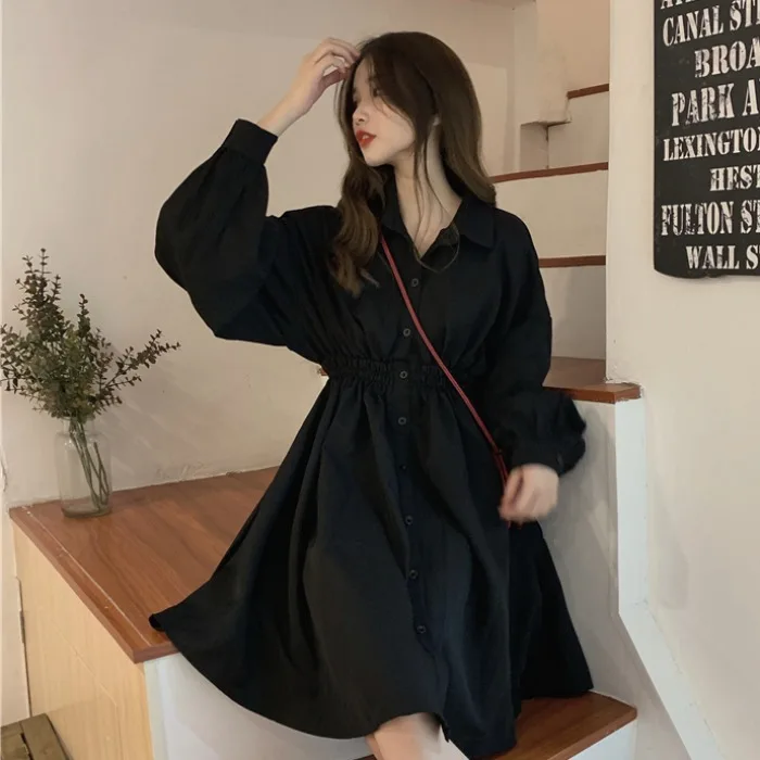 

Dresses Women Loose Student Knee-Length Minimalist Peter Pan Collar High Waist Leisure Autumn Bf Style Fashion Feminino Vestidos