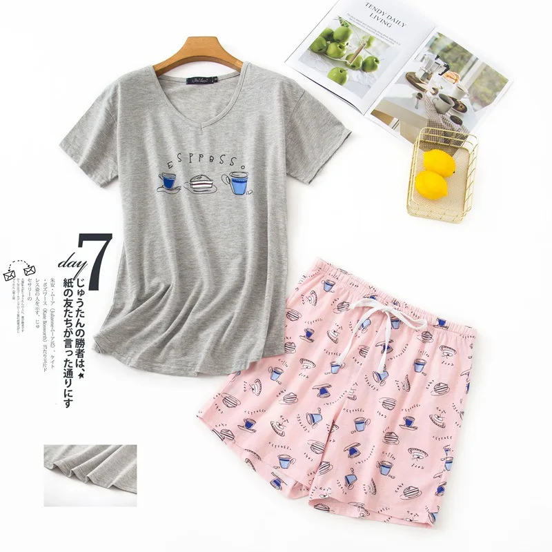 Summer Cotton Short Sleeved Shorts Women's Pajamas Set, Cute Cartoon Home Clothing Suit, Plus Size Nightwear for Fat Ladies