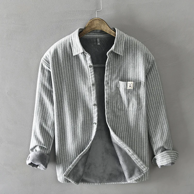 

Thick Velvet Pure Cotton Vintage Striped Long Sleeve Shirt Men 2022 Autumn Winter Warm Casual Mens Shirts