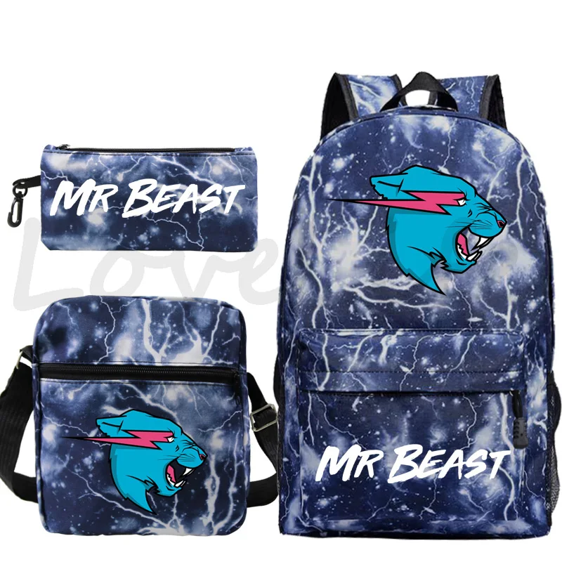 

Mr Beast Backpack Shoulder Bag Pencil Case 3pcs/set Boys Girls Back to School Bookbags Children Rucksack Lightning Cat Knapsack