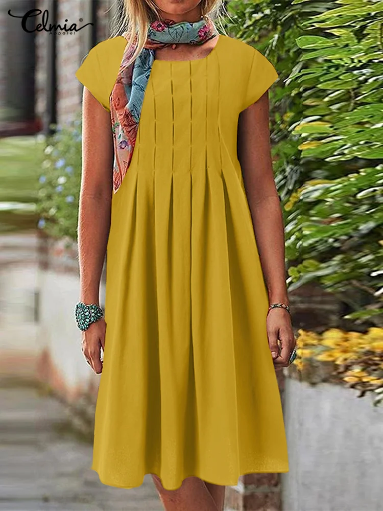 

Celmia Fashion Women Short Sleeve Dress 2022 Summer Round Neck A Line Robe Casual Loose Cotton Linen Pleated Party Short Vestido
