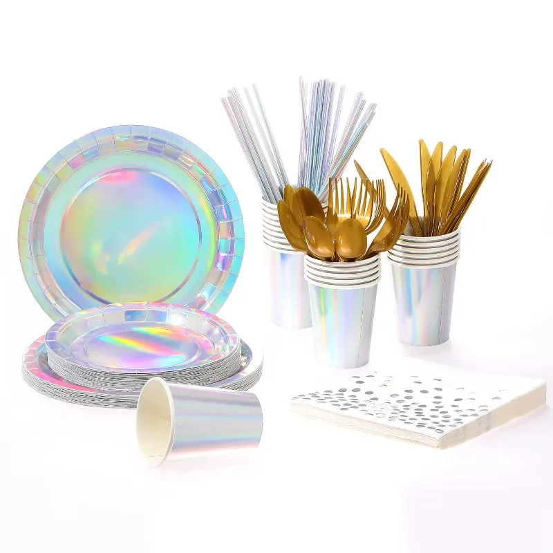 Переливающаяся Лазерная одноразовая посуда набор бумажных тарелок бумажная
