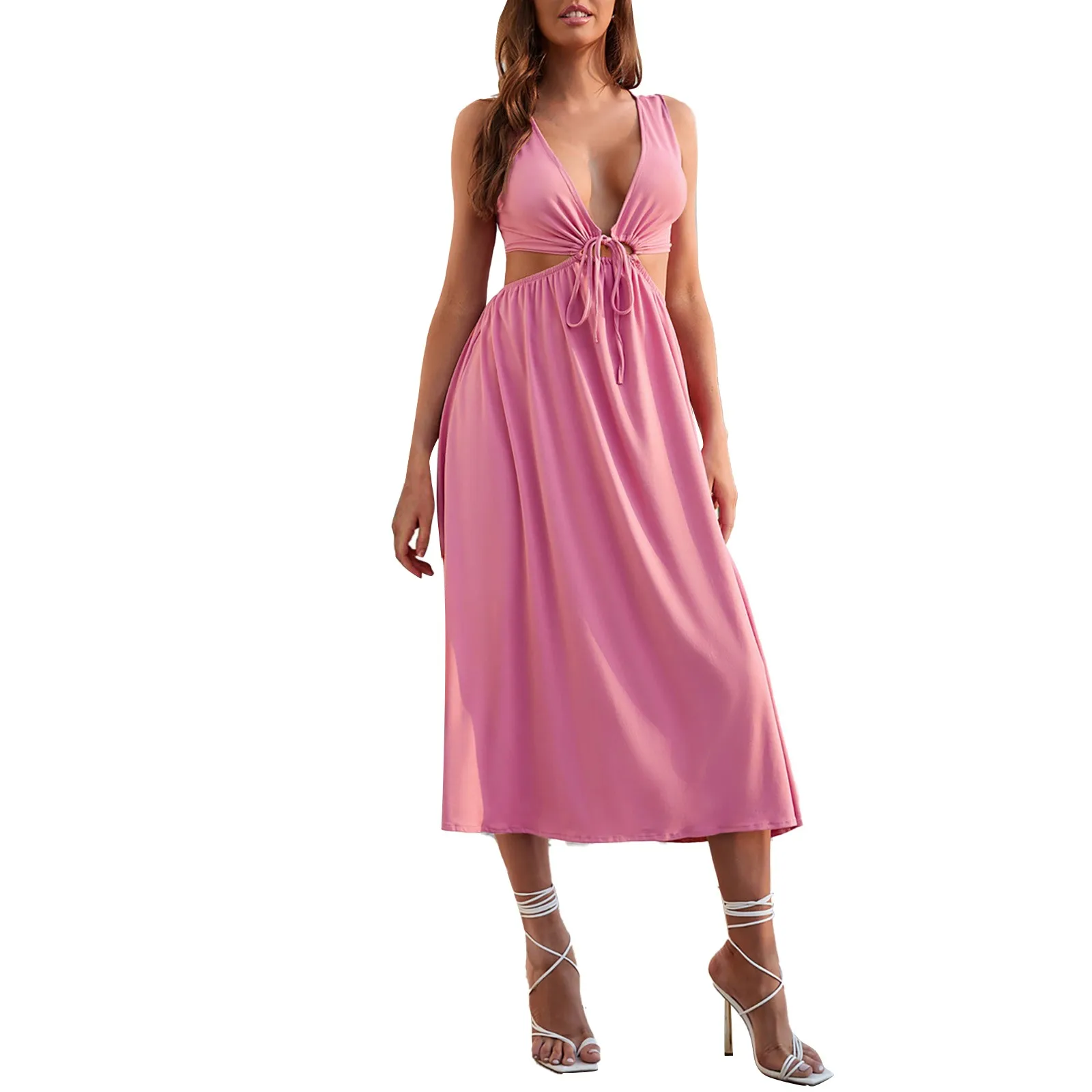 

Dresses for women 2022 Women's Sexy Solid Color Cut Out Waist Sleeveless V Neck Midi Tank Dress
