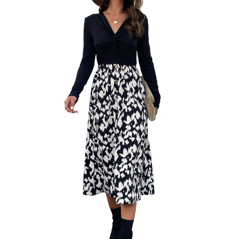

Women Long Sleeve Midi Dress Modest Casual Work Dress V Neck Sexy Fall Dress 10CD