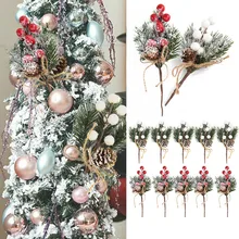 5Pcs Christmas Red Berry Articifial Flower Pine Cone Branch Christmas Tree Decorations Ornament Gift Packaging Home DIY Wreath