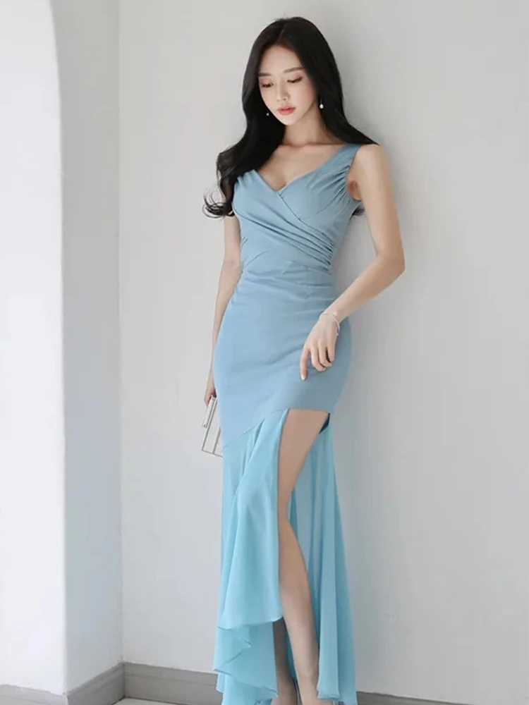 Праздничное сексуальное вечернее платье женское Голубое Прозрачное