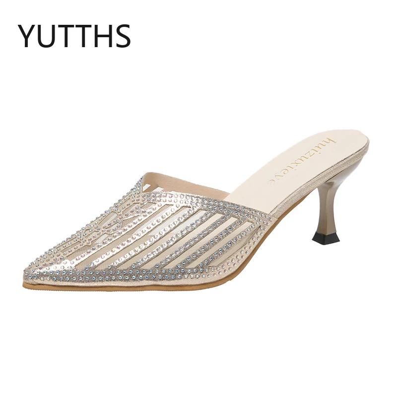 

Slippers Women 2022 Summer New Pointed Toe Mesh Rhinestone Sexy Party Shoes Thin Heels Slides Designer Shoes Women Free Shipping