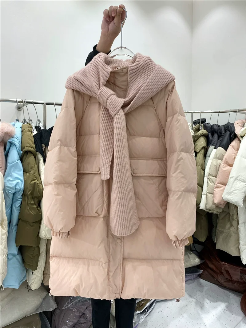 New Women's Long Fake Two Piece Down Jacket Coat, Detachable Knitting Hooded Large Loose White Duck Down Winter Women's Jacket