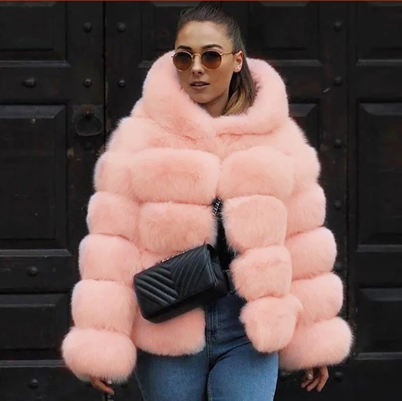furry coat faux Fur top fabric china with cap splicing imitation grass artificial streetwear cute jacket tunic womens winter