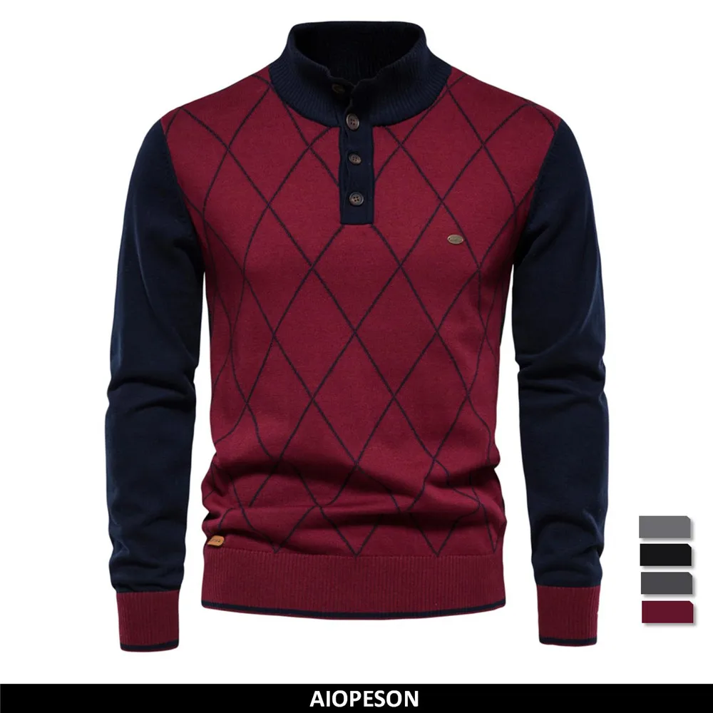 2023 Argyle Men Sweater Henley Collar Casual Patchwork High Quality Pullover Male New Winter Fashion Knitted Sweater for Men
