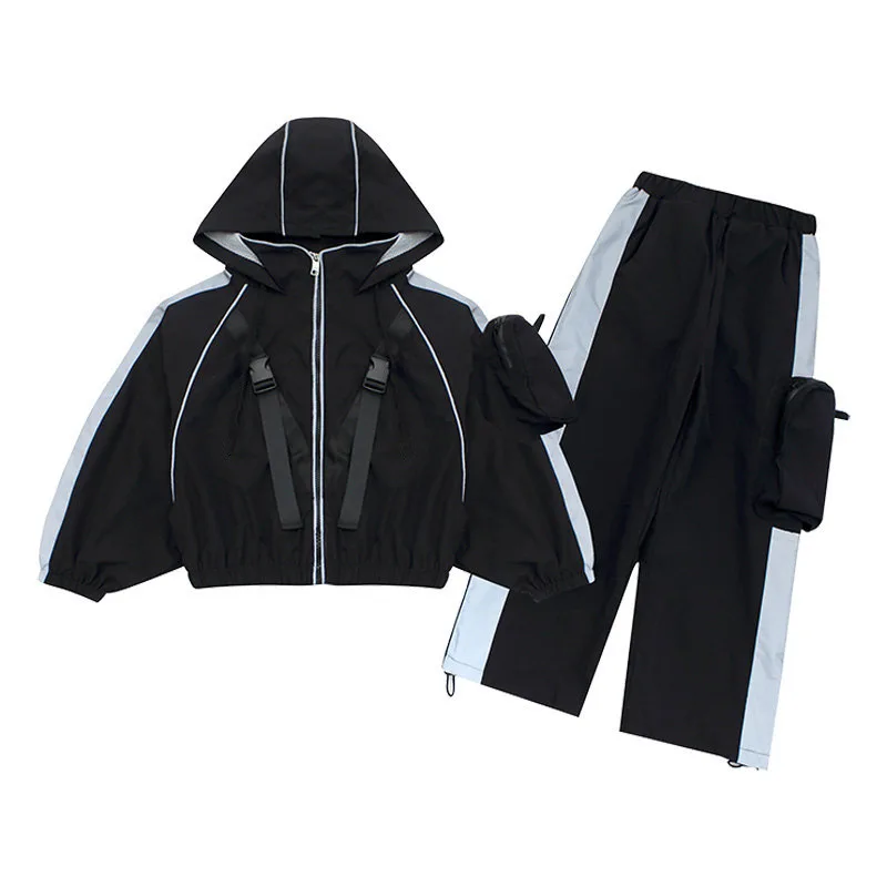 Boys Girls Clothing Sets 4-13T Unisex Sports Suit Reflective Hoodies+Pants Street Wear Fashion Hip Hop Kids Teens Clothes Suits