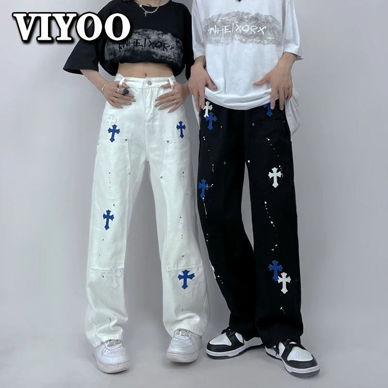 Women's Fashion Y2K Clothes White Jeans Men Wide Baggy Printed Denim Wide Pants For Women Straight Trousers Teachwear Streetwear