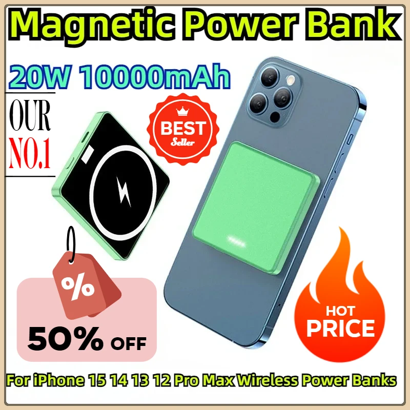 Power Bank Магнитный внешний запасной аккумулятор 20 Вт 10000 мАч для IPhone 15 14 13 12 Pro Max