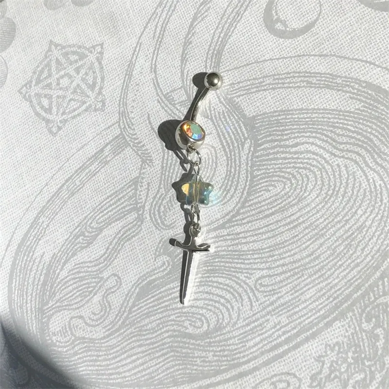 

Sword and Star Belly Ring，Five-pointed stars, swords, navel studs, handmade, beaded pendants