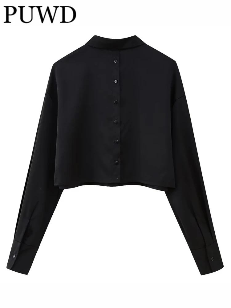 

Модная женская однобортная атласная текстурированная короткая блузка PUWD 2023, Весенняя винтажная блузка-поло с длинным рукавом, шикарная женская блузка