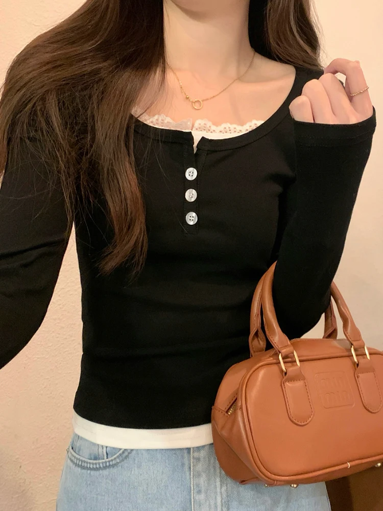 Контрастный цвет кружевная строчка квадратный воротник длинный рукав