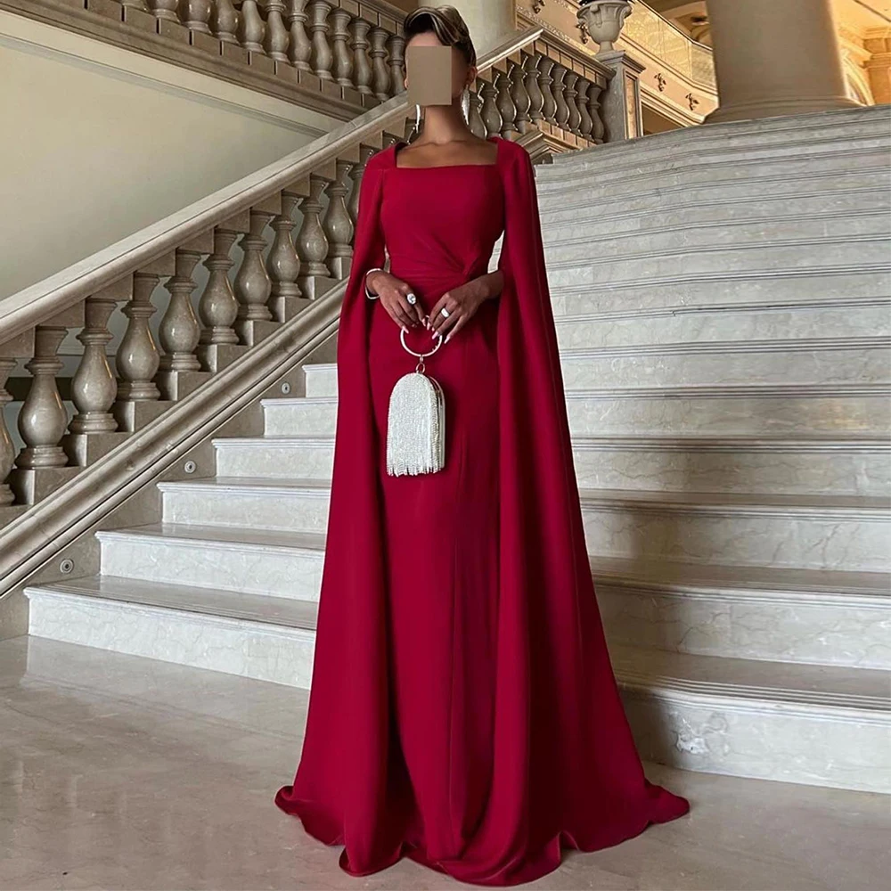 

Burgundy Evening Dress Cloak Sleeves Square Collar Mermaid Evening Gowns Long Trumpet Criss Cross Elegant Formal Prom Dresses