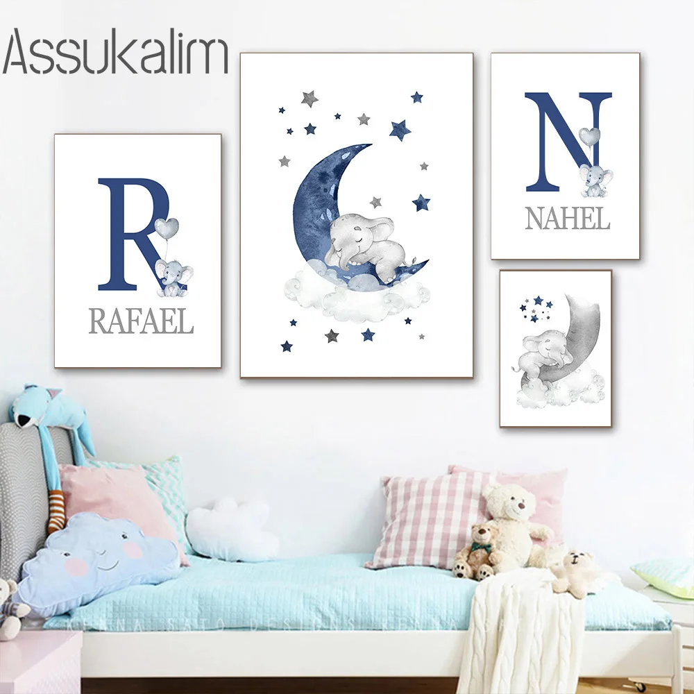 

Custom Name Art Poster Nursery Wall Pictures Elephant Art Prints Blue moon Canvas Painting Wall Art Baby Kids Bedroom Decor