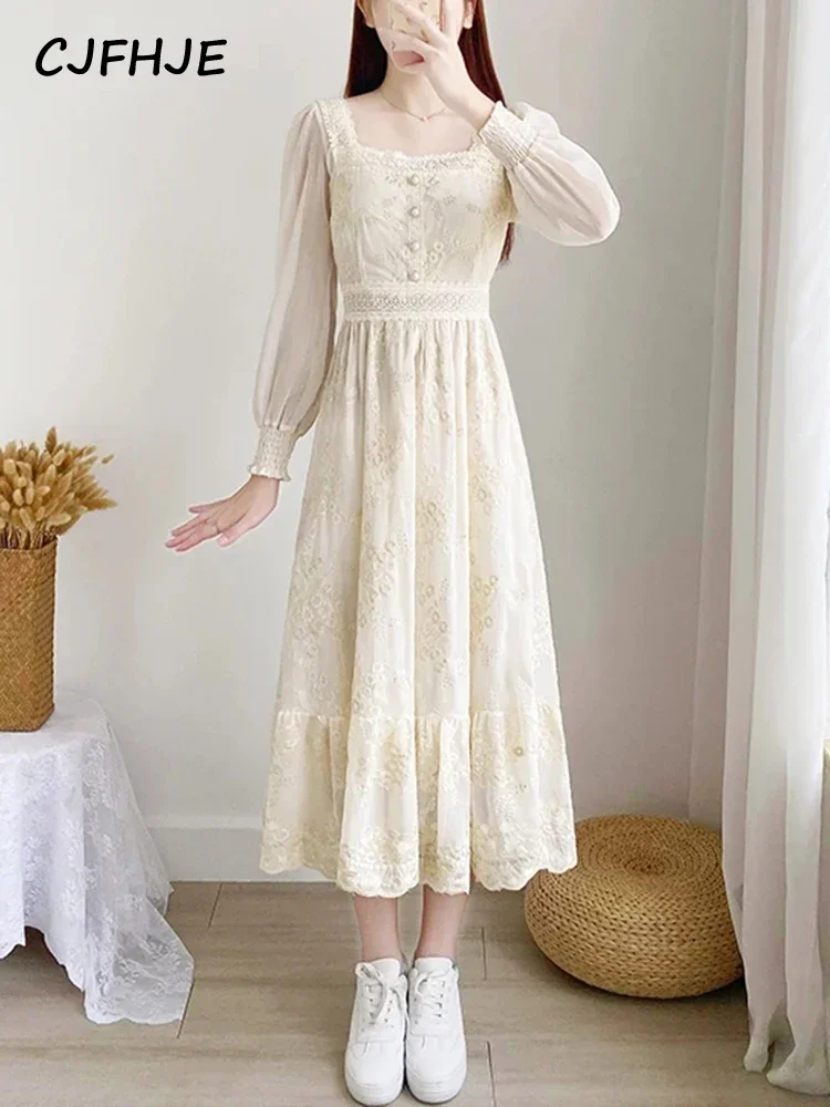 CJFHJE абрикосовое милое мягкое кружевное миди-платье на пуговицах с вышивкой