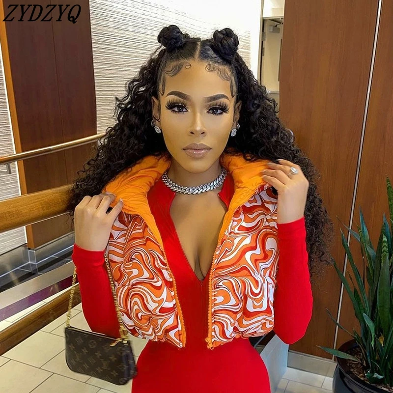 

ZYDZYQ женская одежда осень-зима с принтом, теплый короткий хлопковый жилет с воротником-стойкой, куртка, повседневная одежда в стиле Харадзюк...