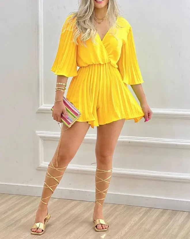 

Jumpsuit Women 2023 Spring Fashion Surplice Neck Pleated Detail Casual V-Neck Plain Half Sleeve Daily Above Knee Vacation Romper