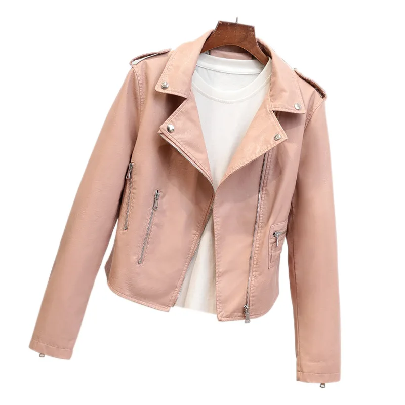 2023 autumn clothes new lapel short slimming Korean version of leather jacket epaulettes women's leather jacket