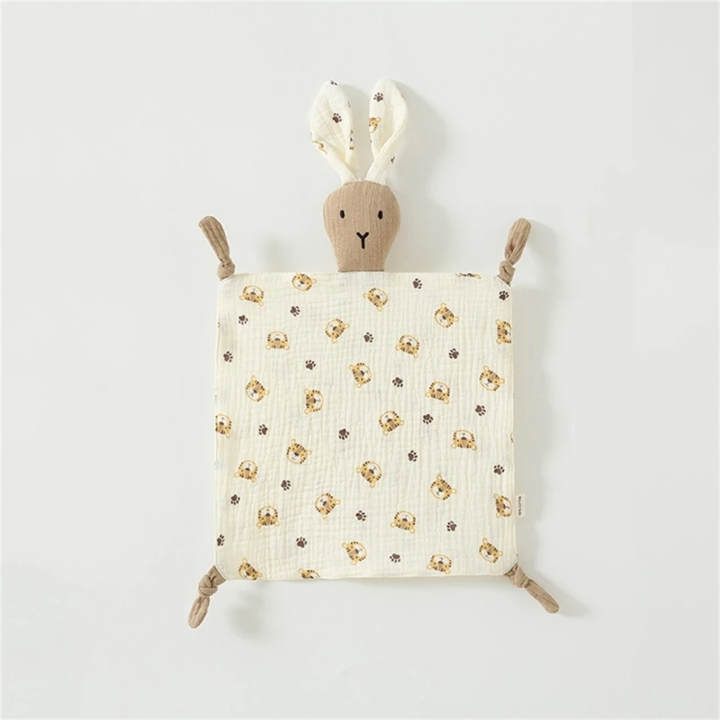 

N80C Baby Bibs Cartoon Rabbit Security Blanket for Infant Breathable Soft Comforter Towel Rattle Bib Newborns Soothing Towel