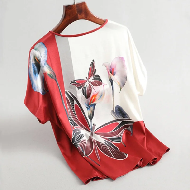 

Women Silk Satin Blouses Fashion Floral Print Plus Size Batwing Sleeve Vintage Casual Stylish Loose-fitting Short Sleeve Tops