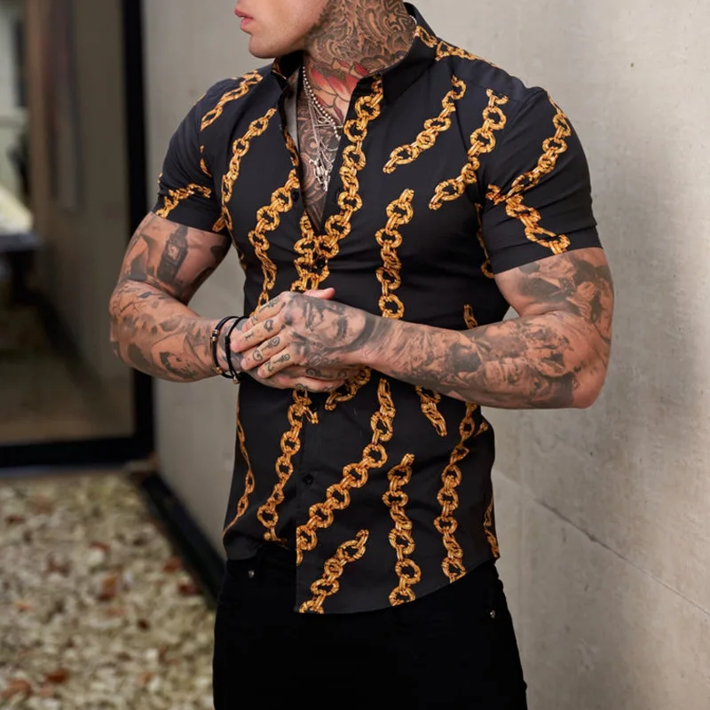 Fashion Social Men Shirts Turn-down Collar Buttoned Shirt Casual Printing Short sleev Tops New Men Clothing Club Prom Cardigan