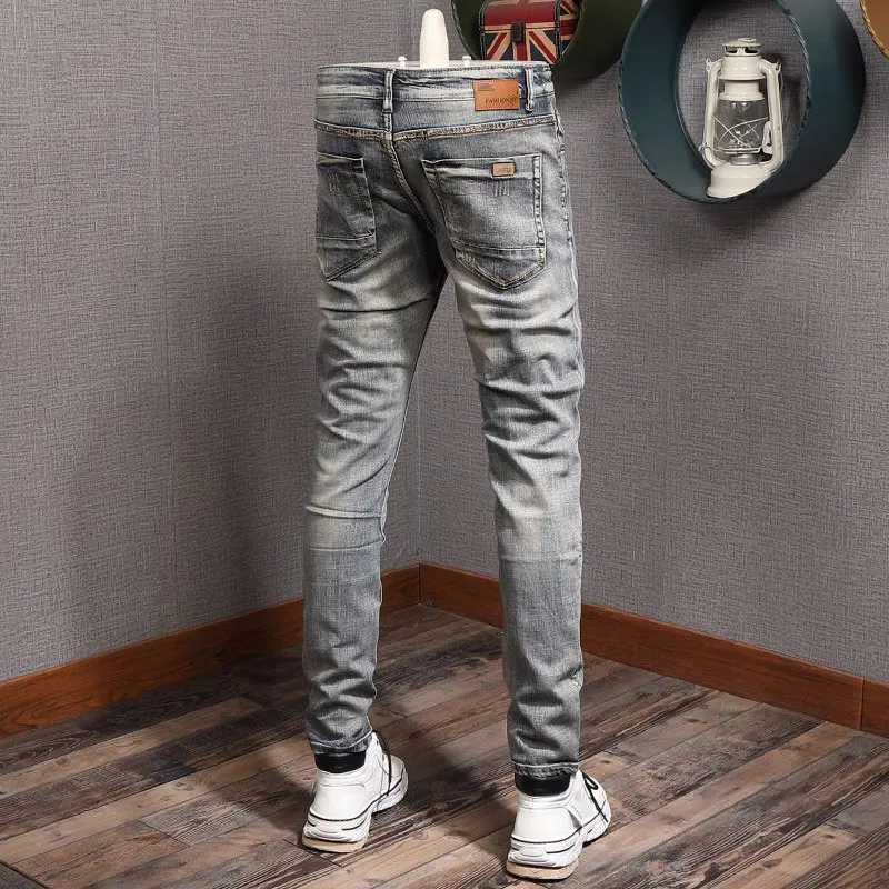 Fashion Trendy Men Jeans Retro Washed Gray Blue Elastic Stretch Slim Ripped Jeans Men Embroidery Designer Vintage Denim Pants