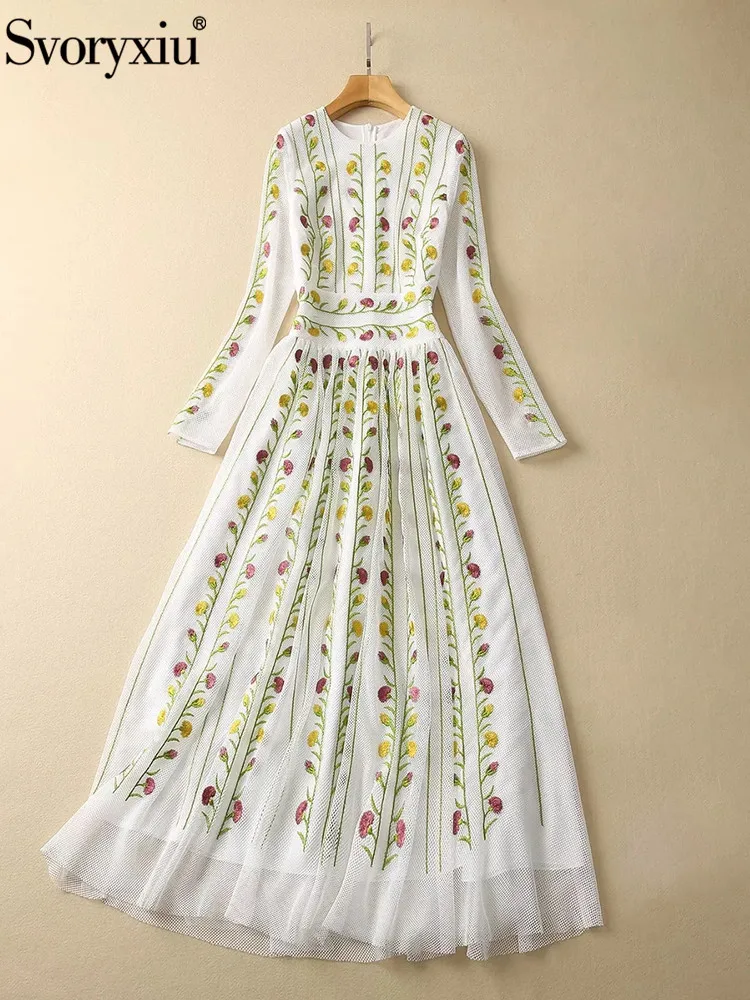 Svoryxiu Spring Summer Designer Vintage Gorgeous Embroidery Ankle-Length Dress Women's Long Sleeve High Waist Slim Gauze Dress