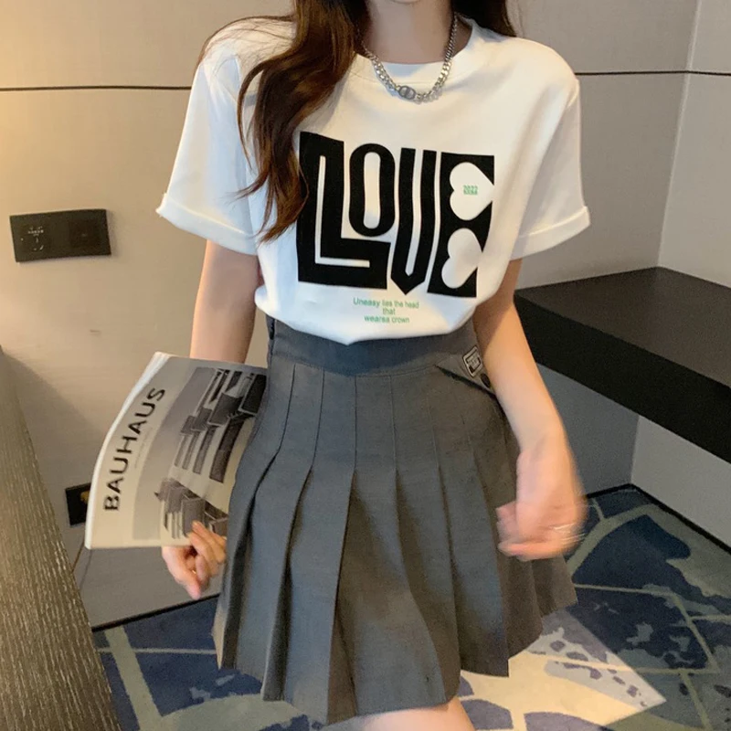 

Round Neck Summer New Letter Pattern Short-Sleeved T-Shirt High Waist Slim Fashion All-Match Pleated Skirt Two-Piece Set