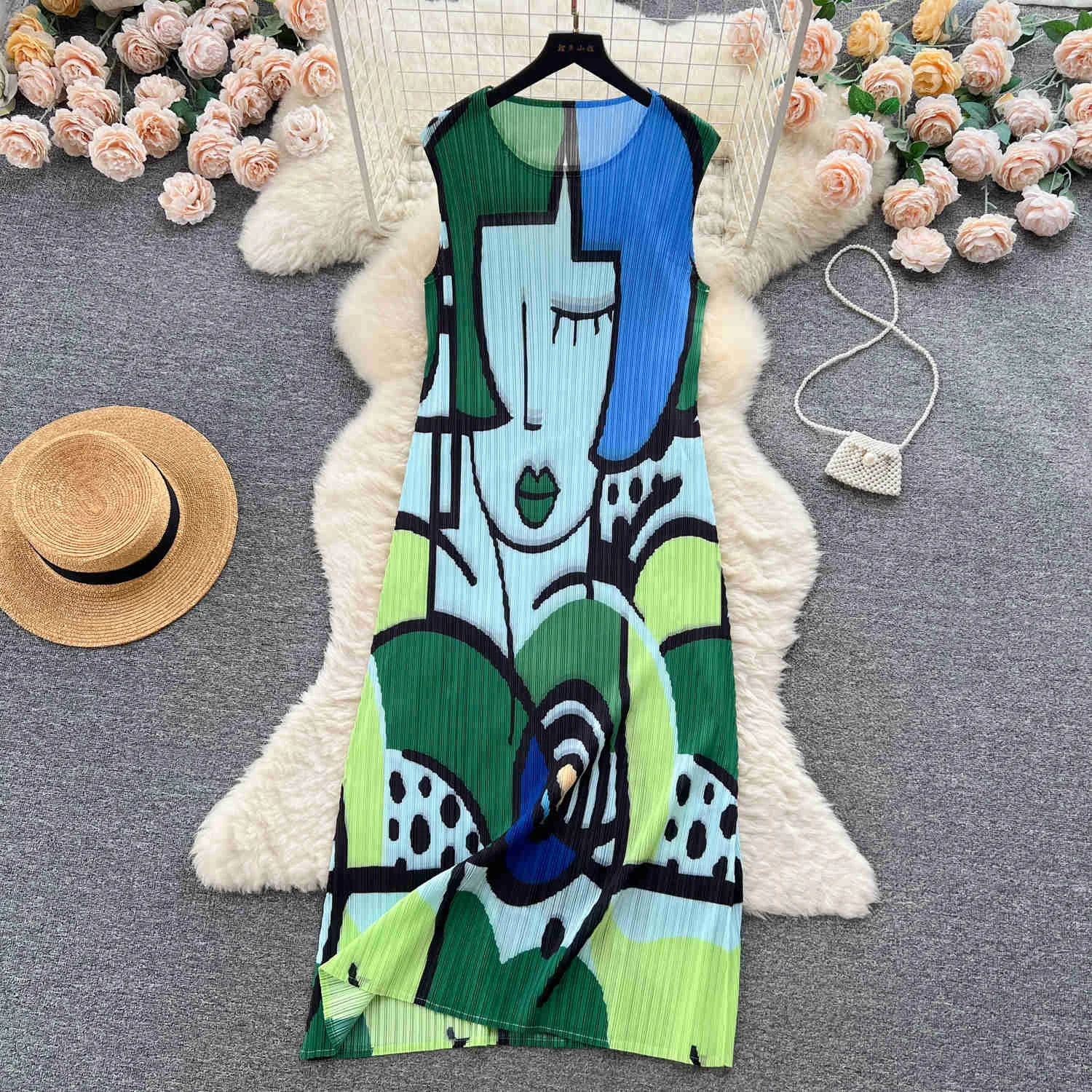 

Casual Women Summer Dress 2023 Elegant Round Neck Sleeveless Stylish Print Pleated A Line Maxi Tank Dresses Fashion Streetwear